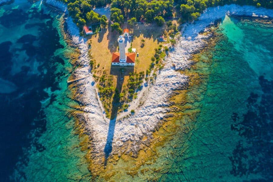 An aerial view of a lighthouse on Dugi Otok island.