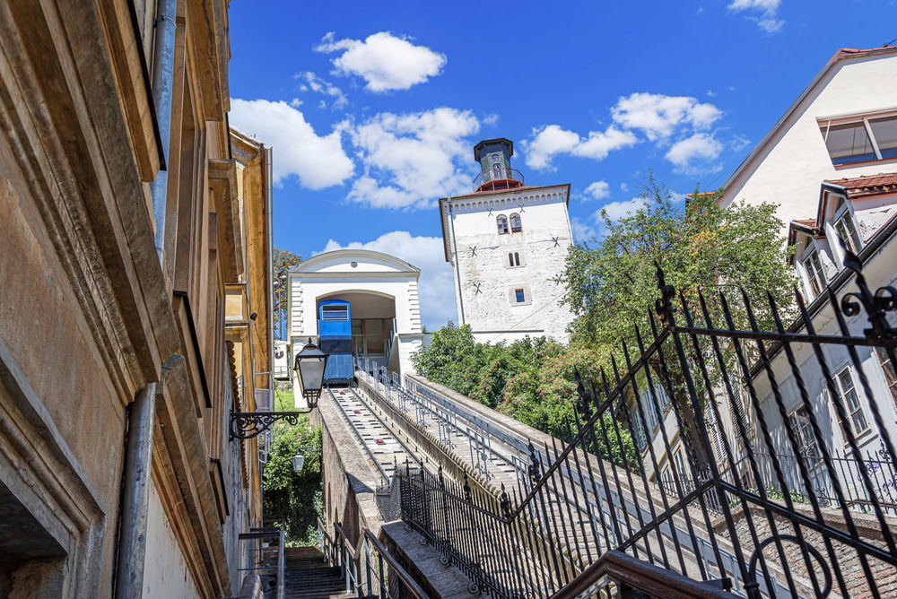 Funicular and Kula Lotrscak in Zagreb. One of many tourist attractions in Zagreb, Croatia.